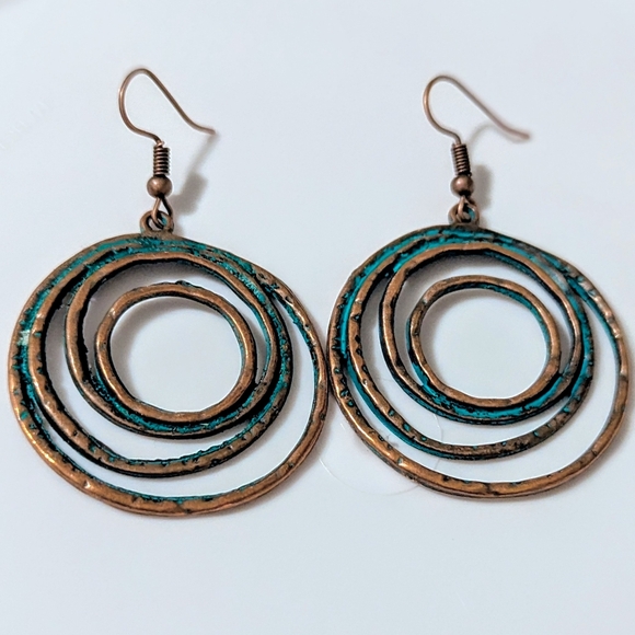 Boho Layered Circle Dangle Drop Earrings Vintage Petinaed Copper/Bronze Handmade - Picture 9 of 14